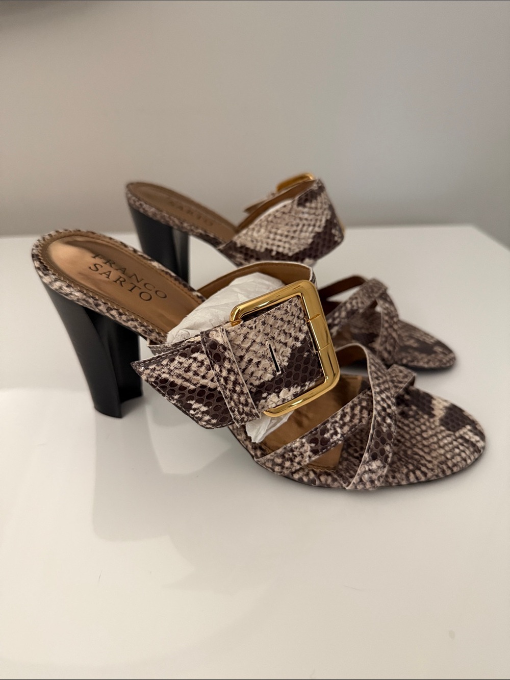 Franco Sarto Snake-Print Buckle Mules in Brown and Cream
